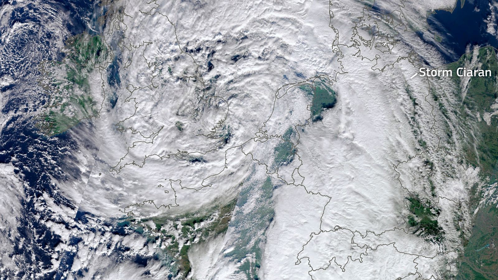 File image of satellite view of Storm Ciaran covering the UK and Europe. Pic: AP