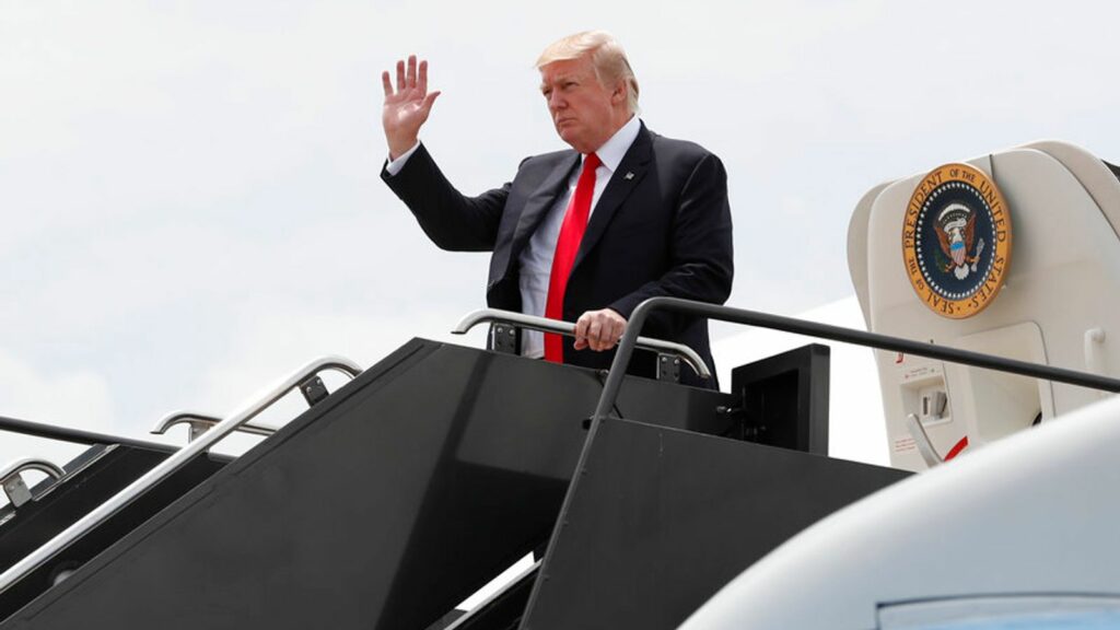 President Donald Trump arrives on Air Force One at Dulles International Airport in Dulles, Va., Saturday, July 22, 2017, after attending the commissioning ceremony of the aircraft carrier USS Gerald R. Ford (CVN 78) at Naval Station Norfolk, Va. (AP Photo/Carolyn Kaster)