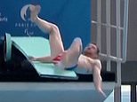 Life's ups and downs... Hilarious moment French diver slips on diving board at Olympic pool inauguration ceremony attended by Emmanuel Macron