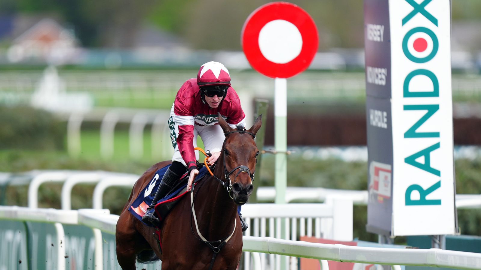 Brighterdaysahead ridden by Jack Kennedy on their way to winning the Turners Mersey Novices' Hurdle on day three of the 2024 Grand National. Pic: PA