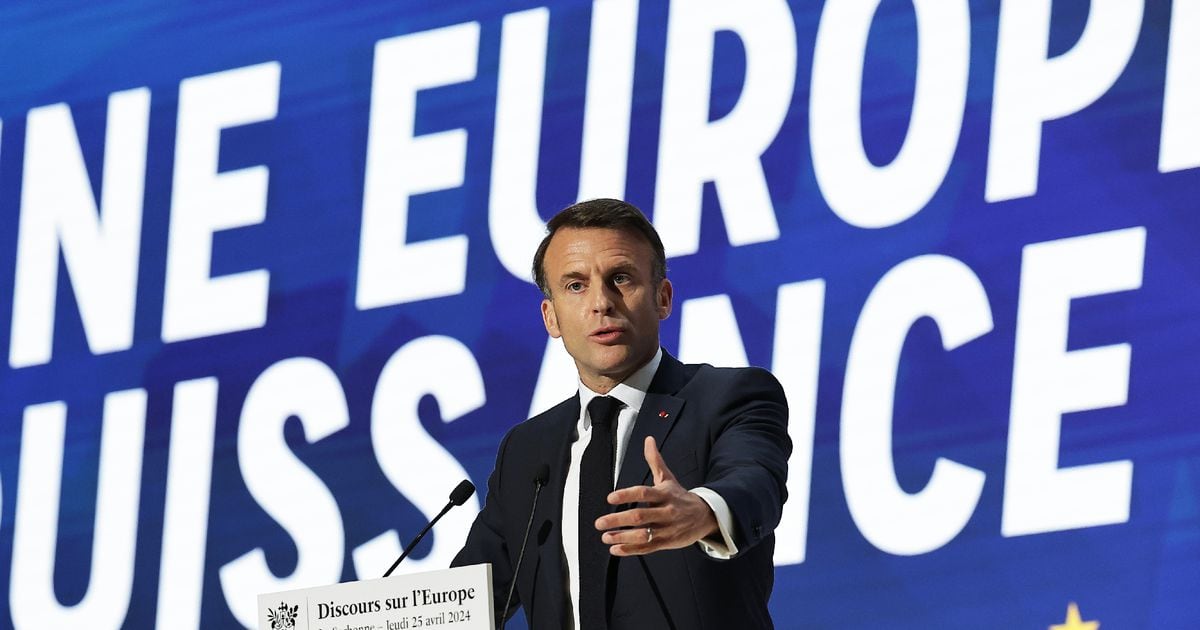 Le président Emmanuel Macron lors d'un discours sur l'Europe à la Sorbonne, le 25 avril 2024 à Paris