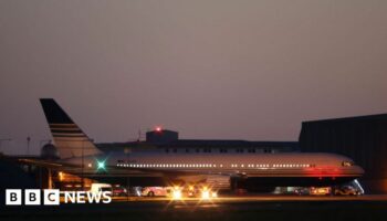 The grounded Rwanda deportation flight EC-LZO Boeing 767 at Boscombe Down Air Base, on June 14, 2022 in Boscombe Down. The flight taking asylum seekers from the UK to Rwanda was grounded at the last minute after intervention of the European Court of Human Rights