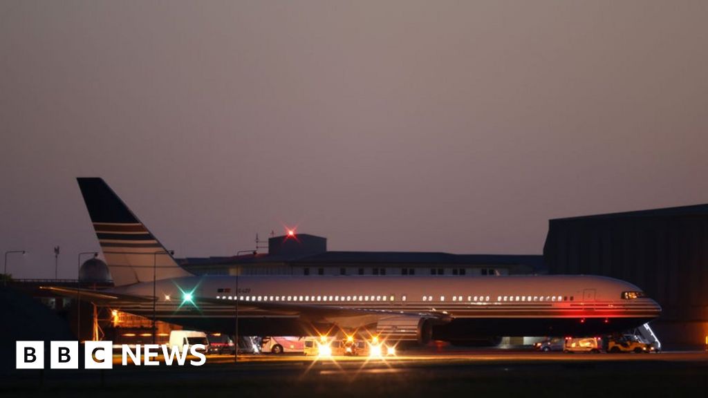 The grounded Rwanda deportation flight EC-LZO Boeing 767 at Boscombe Down Air Base, on June 14, 2022 in Boscombe Down. The flight taking asylum seekers from the UK to Rwanda was grounded at the last minute after intervention of the European Court of Human Rights