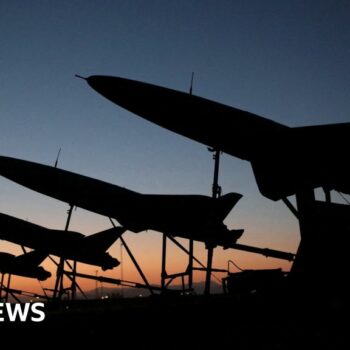 File photo showing Iranian drones during a military exercise in an undisclosed location in Iran (24 August 2022