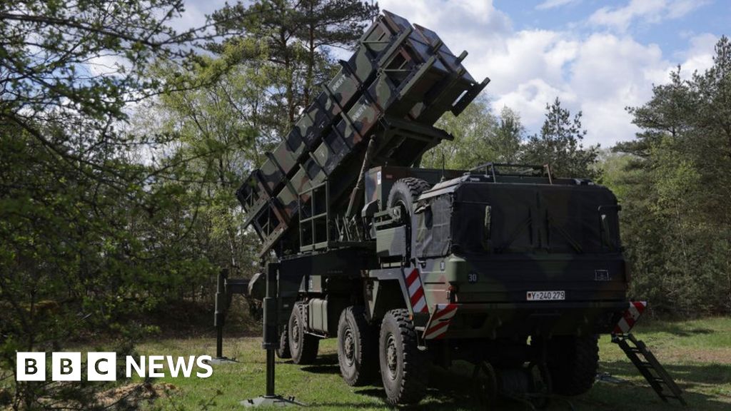 A launcher of a Patriot missile system of the Bundeswehr, the German armed forces, stands during the "National Guardian" military exercise at the Bundeswehr's tank training grounds on April 18, 2024 in Munster, Germany