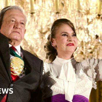 Mexico's President, Andres Manuel Lopez Obrador accompanied by his wife Beatriz Gutierrez Muller ahead the 213 Anniversary of the Grito of Mexico's Independence Day at Constitution Plaza on 15 September 2023 in Mexico City, Mexico