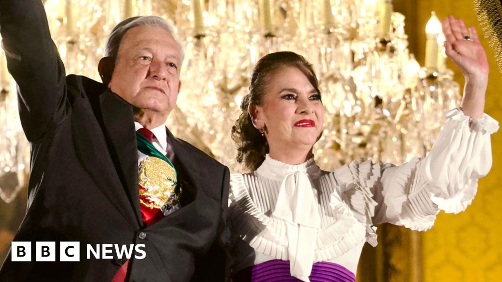 Mexico's President, Andres Manuel Lopez Obrador accompanied by his wife Beatriz Gutierrez Muller ahead the 213 Anniversary of the Grito of Mexico's Independence Day at Constitution Plaza on 15 September 2023 in Mexico City, Mexico