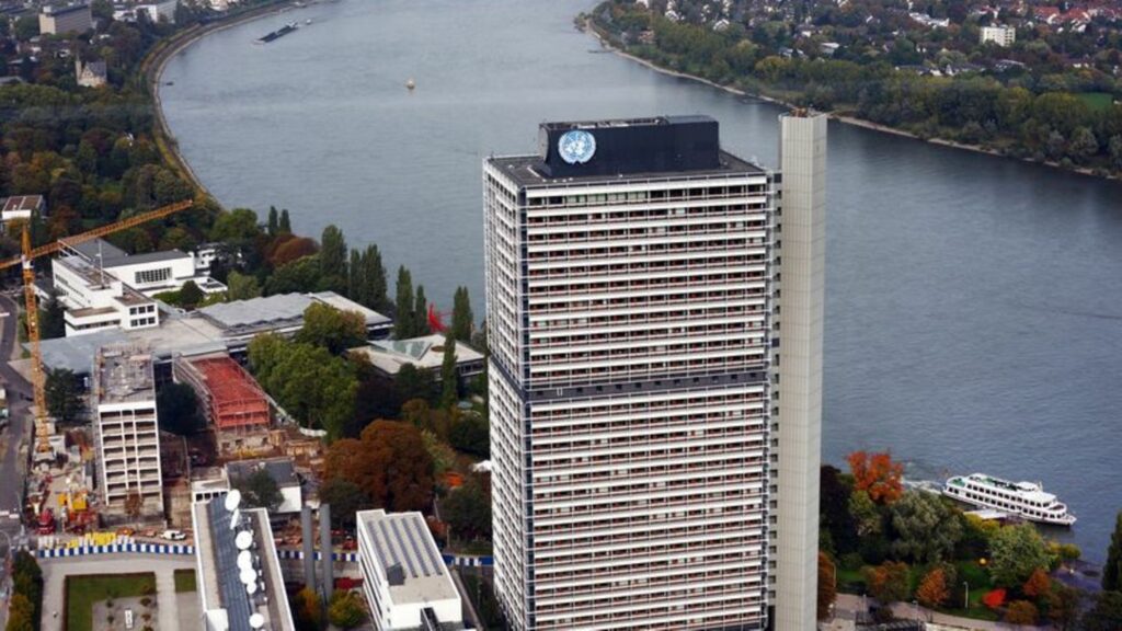 Der UN-Campus, das ehemalige Abgeordneten Hochhaus am Montag in Bonn. Foto: Oliver Berg/dpa/Archiv