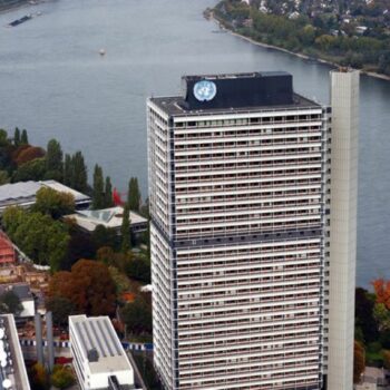 Der UN-Campus, das ehemalige Abgeordneten Hochhaus am Montag in Bonn. Foto: Oliver Berg/dpa/Archiv