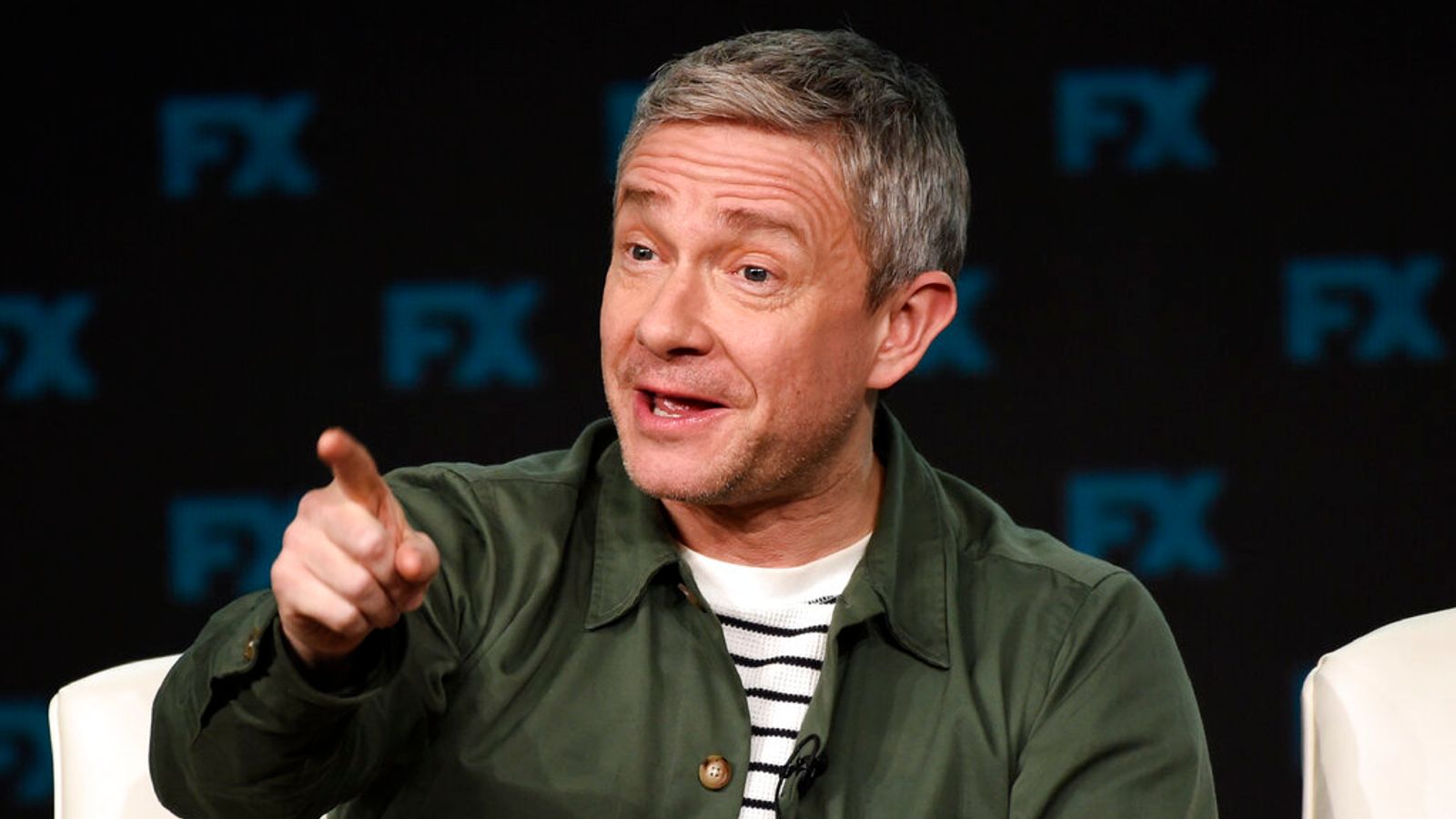 Martin Freeman, a cast member in the FX series "Breeders," takes part in a panel discussion on the show at the 2020 FX Networks Television Critics Association Winter Press Tour, Thursday, Jan. 9, 2020, in Pasadena, Calif. (AP Photo/Chris Pizzello)