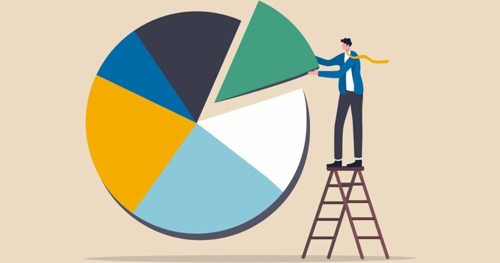 Investment asset allocation and rebalance concept, businessman investor or financial planner standing on ladder to arrange pie chart as rebalancing investment portfolio to suitable for risk and return