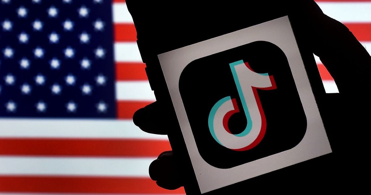 Le logo de TikTok s'affiche sur l'écran d'un téléphone portable, avec le drapeau américain en toile de fond, le 3 août 2020 à Arlington (Etats-Unis)