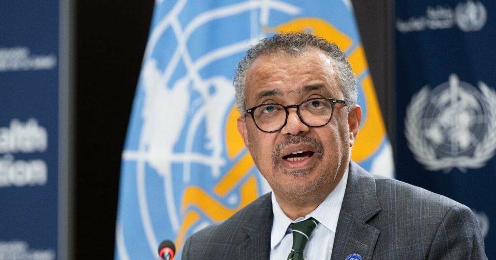 Photo diffusée le 15 décembre 2023 par l'OMS du directeur général Tedros Adhanom Ghebreyesus, lors d'une conférence de presse à Genève