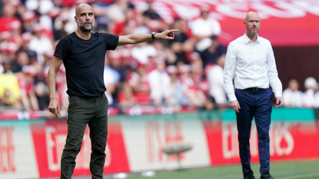 Manchester City manager and Manchester United boss Erik ten Hag are facing each other for a second season in a row in the FA Cup final. Pic: PA