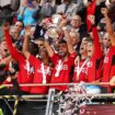 Manchester United's Bruno Fernandes lifts the FA Cup after the side won the Wembley final. Pic: PA