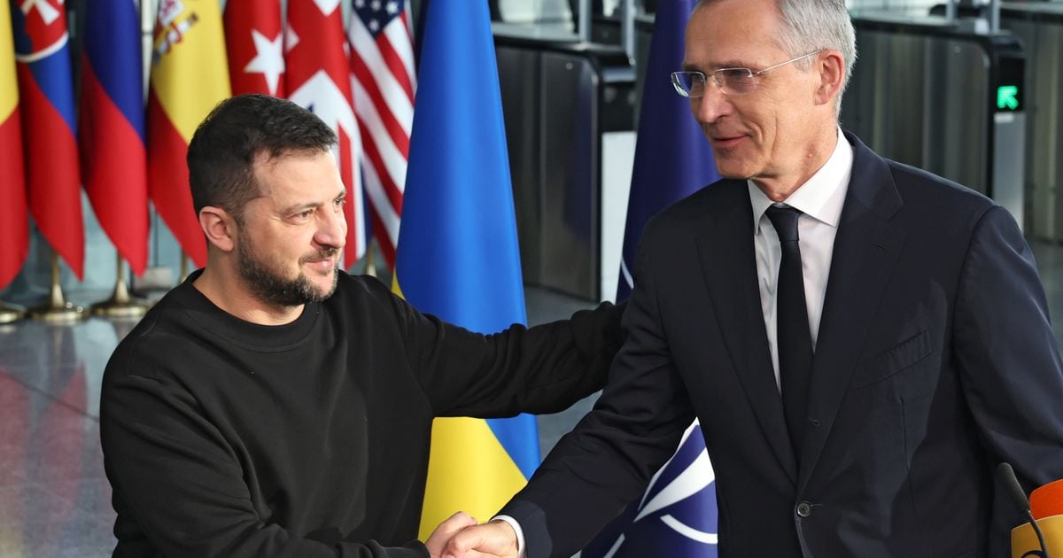 Le président ukrainien Volodymyr Zelensky (à gauche) est accueilli par le secrétaire général de l'OTAN, Jens Stoltenberg, lors de sa visite au siège de l'OTAN, à Bruxelles, le 11 octobre 2023