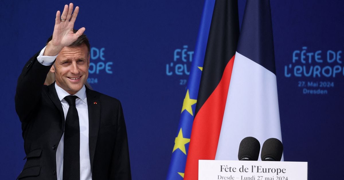 Emmanuel Macron, lors d'un discours devant de jeunes Européens, à Dresde, dans l'est de l'Allemagne où il effectue une visite d'Etat.