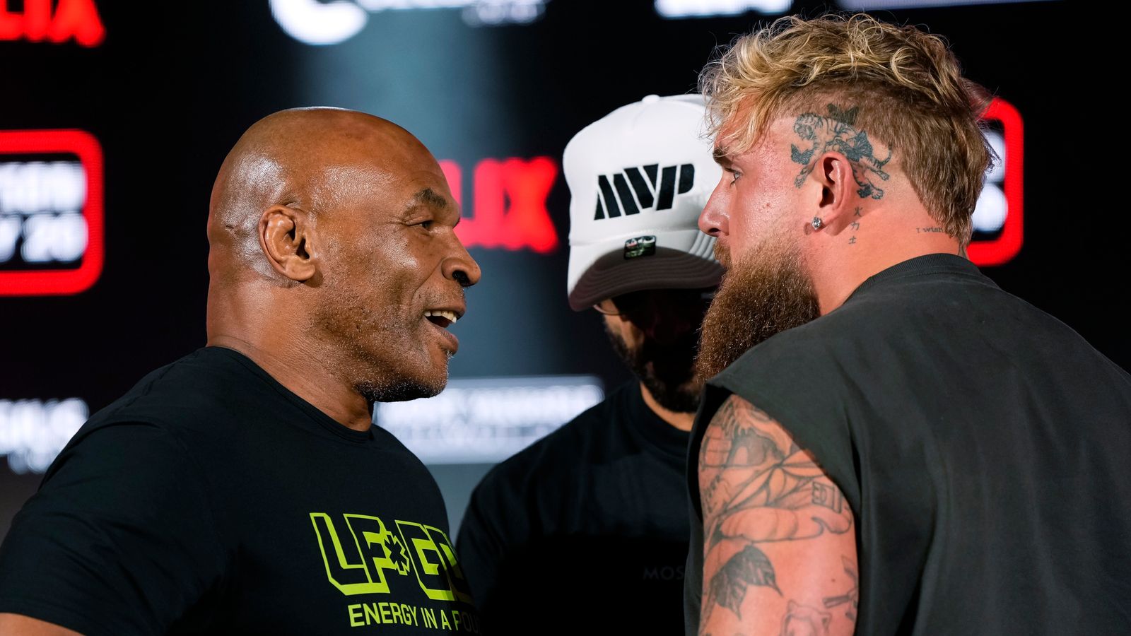 Mike Tyson, left, and Jake Paul, right, face off during a news conference promoting their upcoming boxing bout, Thursday, May 16, 2024, in Arlington, Texas. Pic: AP Photo/Sam Hodde