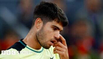 Spain's Carlos Alcaraz reacts during his quarter final match against Russia's Andrey Rublev