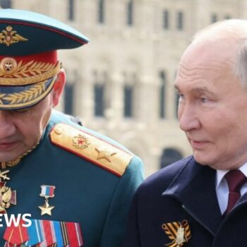 Defence Minister Sergei Shoigu with Vladimir Putin at the Victory Day parade in Moscow, 9 May 2024