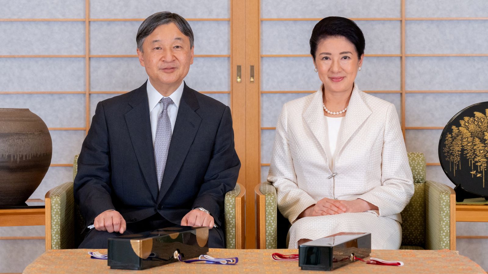 Japan's Emperor Naruhito poses for a photograph with Empress Masako at the Imperial Palace in Tokyo, Japan, February 9, 2024, ahead of the Emperor's 64th birthday on February 23, 2024, in this handout photo provided by the Imperial Household Agency of Japan. Imperial Household Agency of Japan/Handout via REUTERS THIS IMAGE HAS BEEN SUPPLIED BY A THIRD PARTY. MANDATORY CREDIT. NO CROPPING