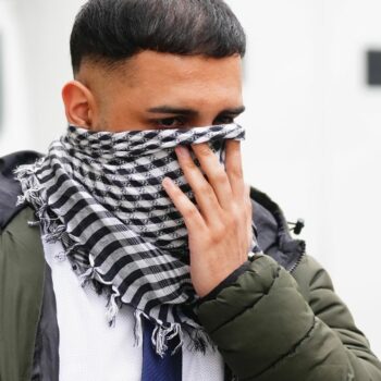 West Yorkshire Police officer Mohammed Adil, 26, leaving Westminster Magistrates' Court, central London, after he admitted two counts of publishing an image in support of banned organisation Hamas, namely a Hamas fighter wearing a Hamas headband