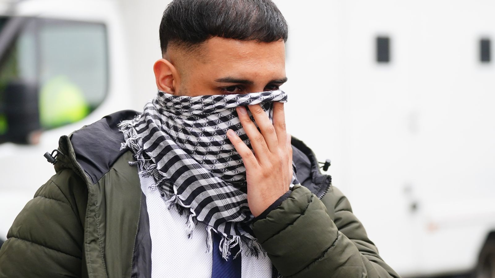 West Yorkshire Police officer Mohammed Adil, 26, leaving Westminster Magistrates' Court, central London, after he admitted two counts of publishing an image in support of banned organisation Hamas, namely a Hamas fighter wearing a Hamas headband