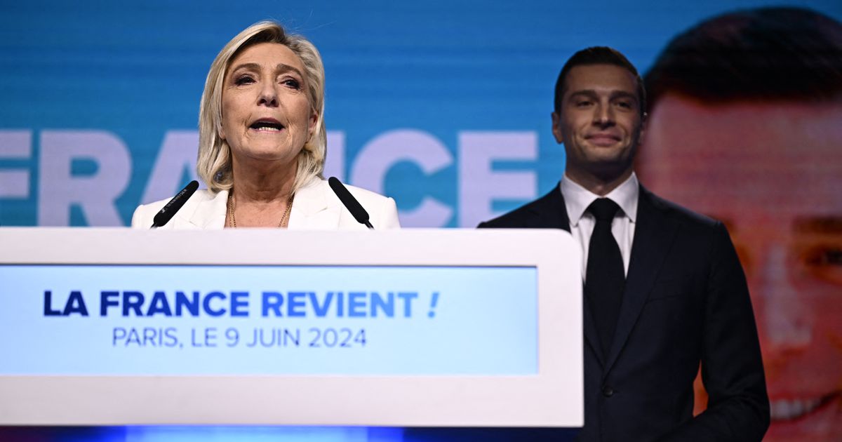Marine Le Pen et Jordan Bardella le soir de l'annonce de la dissolution de l'Assemblée nationale par Emmanuel Macron, le 9 juin 2024.
