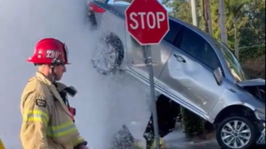 Wild video shows gushing fire hydrant suspending vehicle in the air after California crash