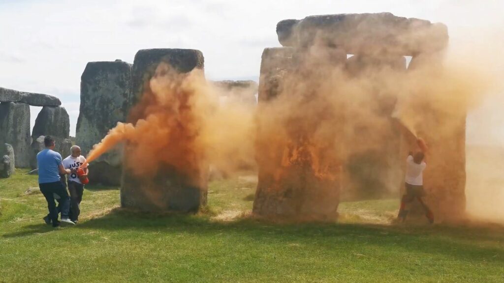 Just Stop Oil activists arrested after Stonehenge sprayed with 'orange powder paint'