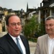 L'ancien président et membre du PS, François Hollande (g), aux côtés du maire de Meymac, Philippe Brugère, lors d'une conférence de presse pour annoncer sa candidature aux législatives en Corrèze, le 15 juin 2024 à Tulle