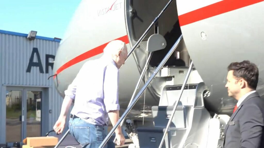 Julian Assange boards his flight out of the UK Pic: Wikileaks