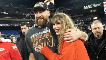 Taylor Swift is expected to attend the Super Bowl to watch her boyfriend Travis Kelce play, both pictured. Pic: AP