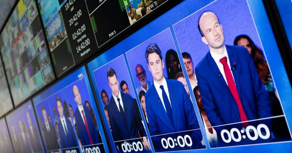 Jordan Bardella, Gabriel Attal et Manuel Bompard au débat sur TF1 à cinq jours du premier tour des élections législatives, le 25 juin 2024