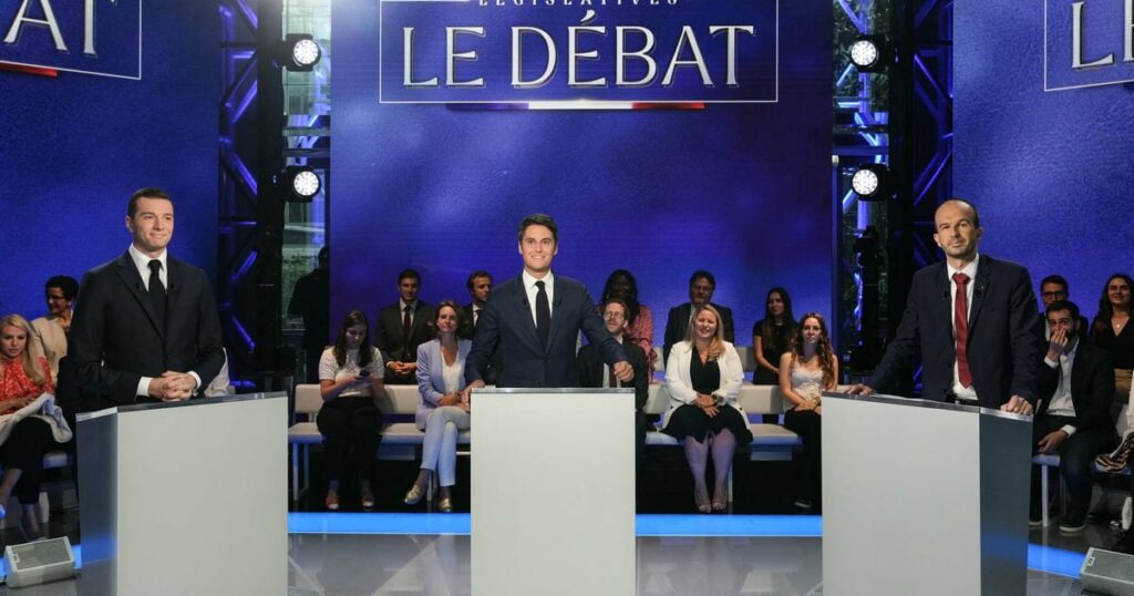 Gabriel Attal, Jordan Bardella et Manuel Bompard s'affrontent sur le plateau de TF1, mardi 25 juin 2024.