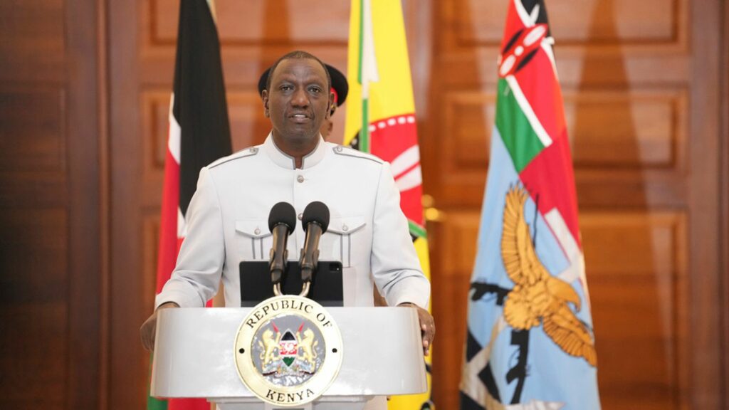 President William Ruto gives a presidential address announcing Kenya's military chief Gen. Francis Ogolla death, at State House in Nairobi, Kenya, Thursday, April. 18, 2024. Ogolla died in a helicopter crash west of the country, President William Ruto declared three days of national mourning. (AP Photo/Brian Inganga)