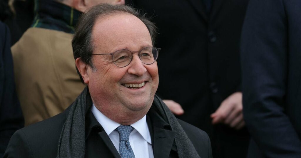 Former French President Francois Hollande poses for a group photograph on the front steps of the Assemblee Nationale parliament building in Paris ahead of a demonstration against anti-Semitism in Paris, on November 12, 2023. Tens of thousands are expected to march Sunday in Paris against anti-Semitism amid bickering by political parties over who should take part and a surge in anti-Semitic incidents across France. Tensions have been rising in the French capital, home to large Jewish and Muslim communities, in the wake of the October 7 attack by Palestinian militant group Hamas on Israel, followed by a month of Israeli bombardment of the Gaza Strip. France has recorded nearly 1250 anti-Semitic acts since the attack. National Assembly speaker Yael Braun-Pivet and Gerard Larcher, the Senate speaker, called on November 7 for a "general mobilisation" at the march against the upsurge in anti-Semitism. (Photo by Thomas SAMSON / POOL / AFP)