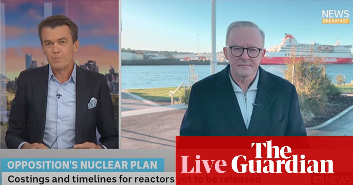 Australia news live: Albanese tells ABC host to ‘lighten up’ over nuclear memes; swimmers brave chill for Hobart’s nude solstice swim