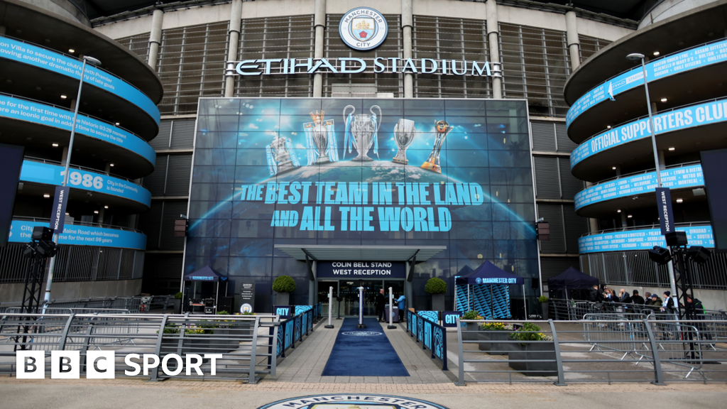 A general view of the main entrance to Manchester City's Etihad Stadium