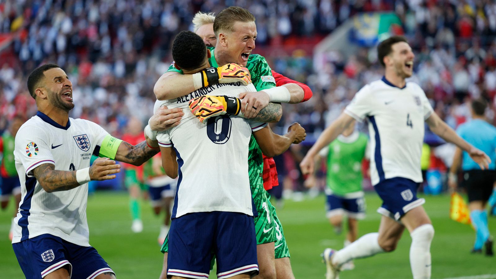 England v Switzerland - Dusseldorf Arena, Dusseldorf, Germany - July 6, 2024 England's Trent Alexander-Arnold and Jordan Pickford celebrate after winning the penalty shootout Pic: Reuters