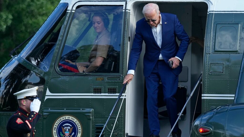 President Joe Biden walks off of Marine One on Sunday, 7 July. Pic: AP/Susan Walsh