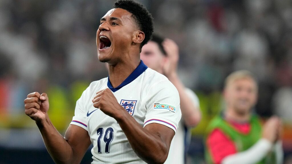 Ollie Watkins celebrates scoring the winner against the Netherlands Pic: AP