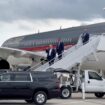 Republican presidential candidate and former U.S. President Donald Trump gestures as he arrives at Milwaukee Mitchell International Airport a day after he survived an assassination attempt at a rally in Butler, Pennsylvania, in Milwaukee, Wisconsin, U.S., July 14, 2024 in this screengrab obtained from a social media video. Dan Scavino Jr. via X/via REUTERS THIS IMAGE HAS BEEN SUPPLIED BY A THIRD PARTY. MANDATORY CREDIT. NO RESALES. NO ARCHIVES.