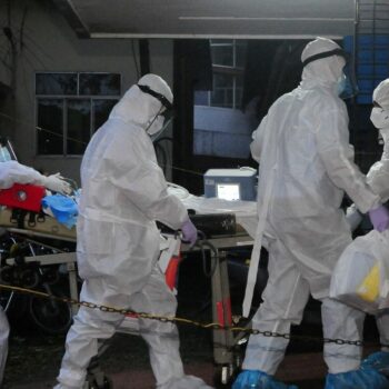 A Nipah patient is taken to an ICU of Nipah isolation ward in Kerala, India, on 20 July. Pic: Reuters