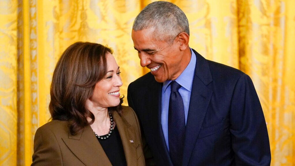 Former President Barack Obama with Kamala Harris in 2022. Pic: AP