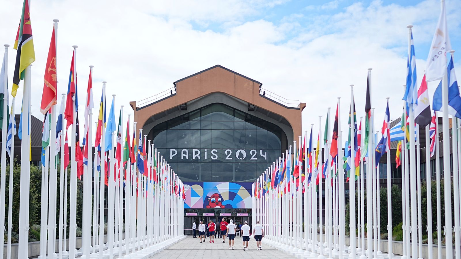 Flags of the participating countries fly outside the Olympic Village in Paris. Pic: Michael Kappeler/picture-alliance/dpa/AP Images