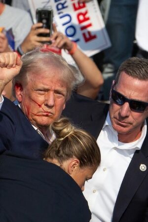 Donald Trump le poing brandi et le visage ensanglanté: juste après les tirs qui l'ont visé à Butler, le 13 juillet 2024