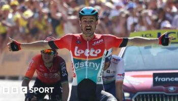 Victor Campenaerts  celebrates winning stage 18 of the 2024 Tour de France