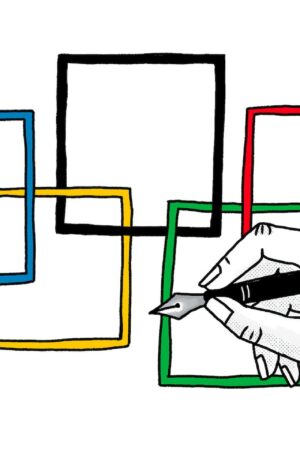 Illustration of a hand holding a pen over top interlocking comic panels in the colors of the Olympic rings.