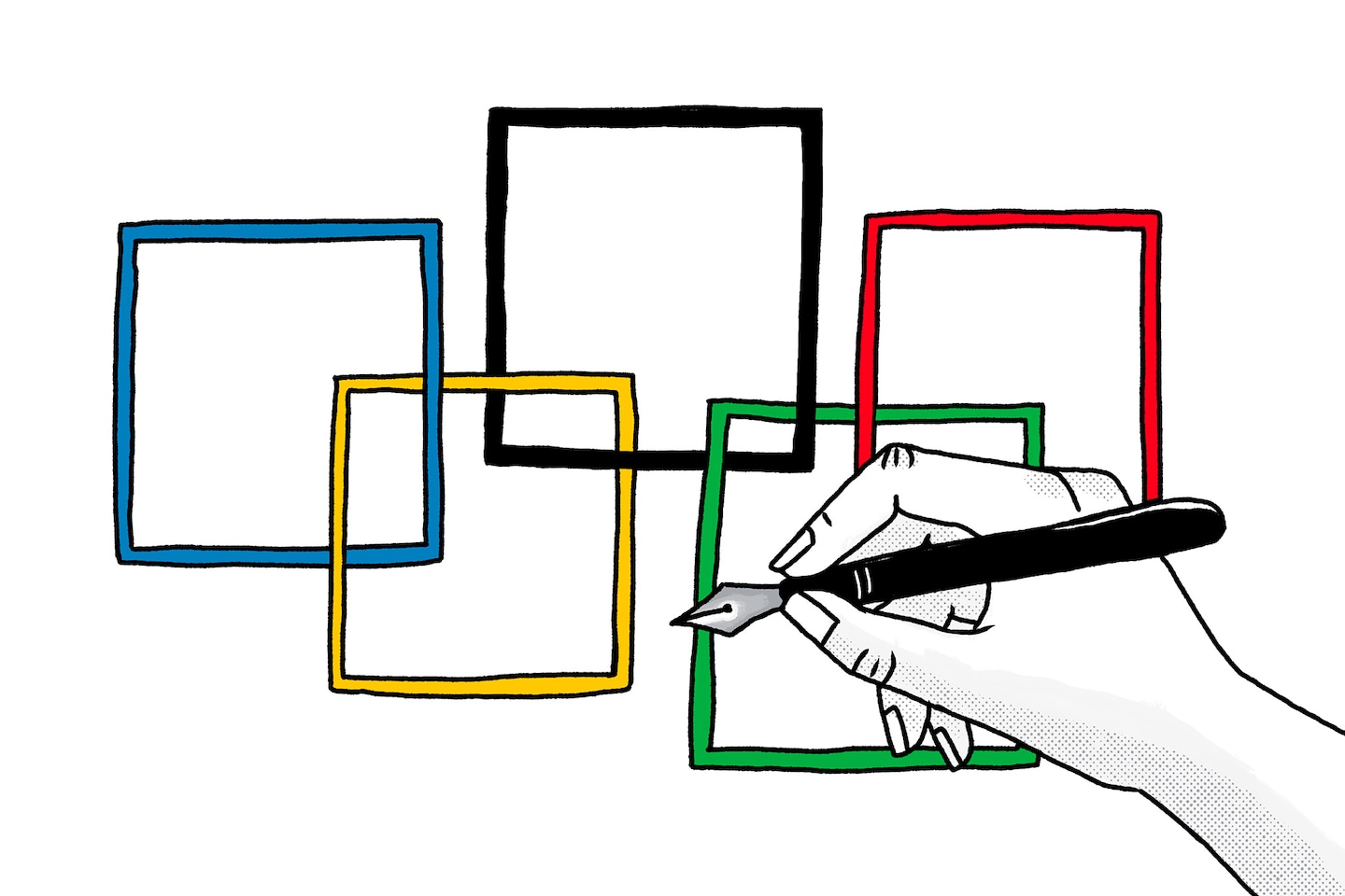 Illustration of a hand holding a pen over top interlocking comic panels in the colors of the Olympic rings.